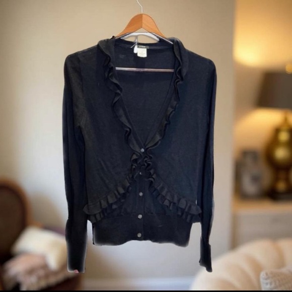 J. Crew Black wool with Ruffles from and back cardigan Size medium - Picture 5 of 11
